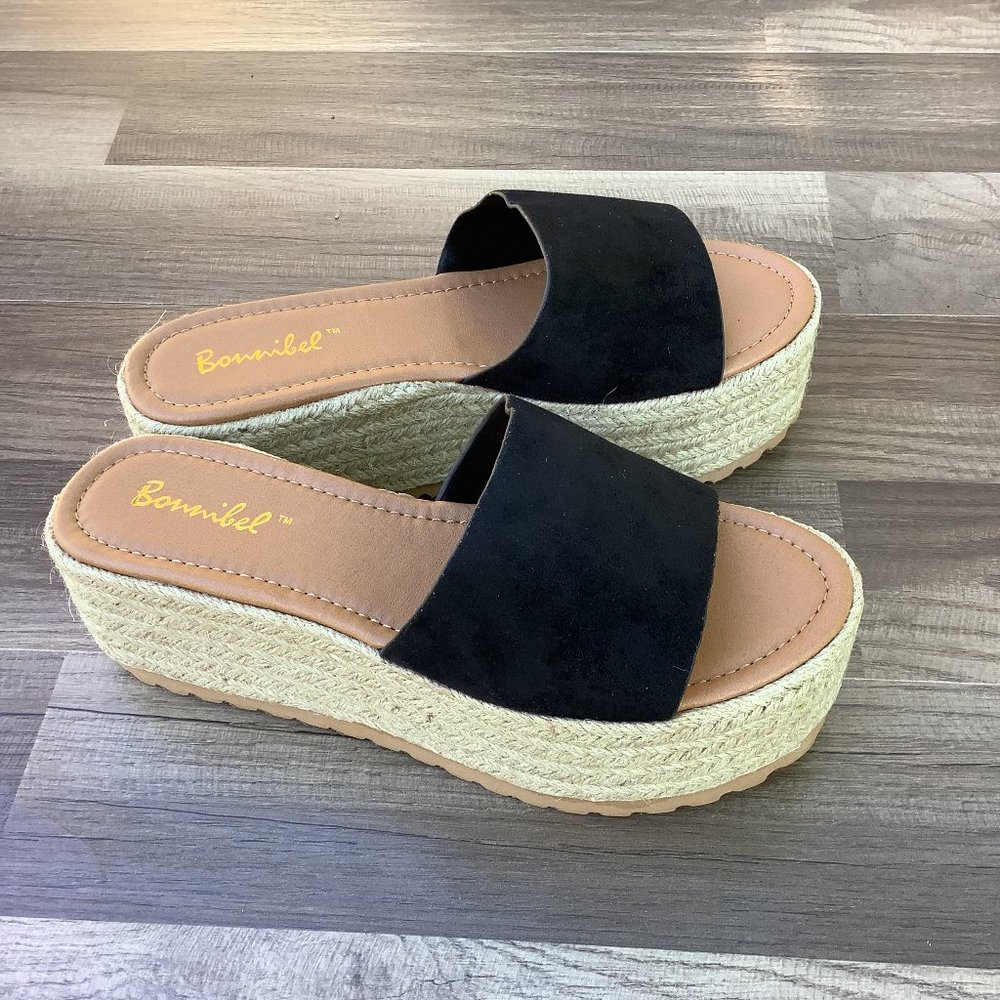 BONNIBEL BLACK SLIP ON WEDGE HEEL SANDAL
